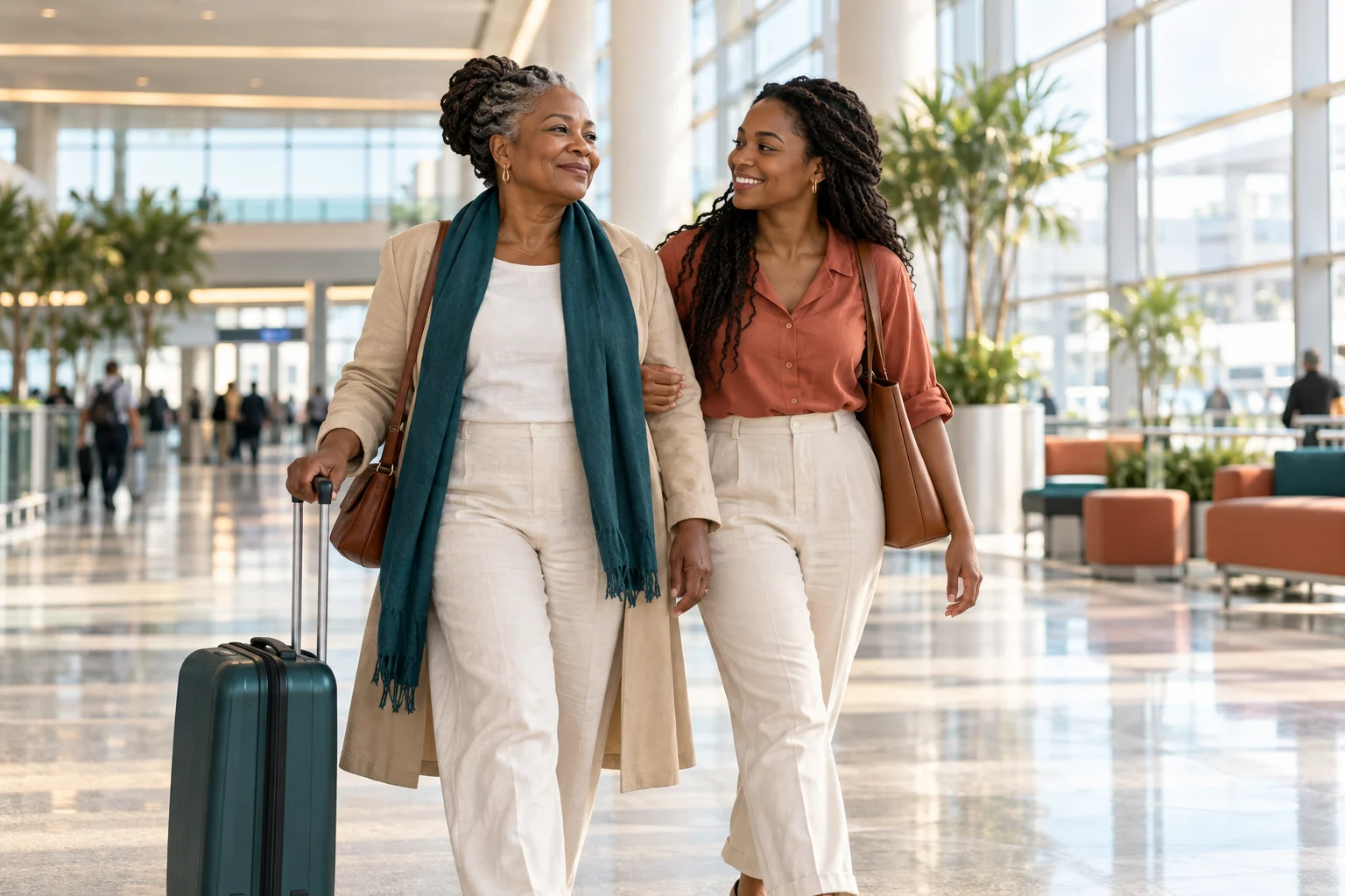 Illustrative mother and daughter travelling together through an airport
